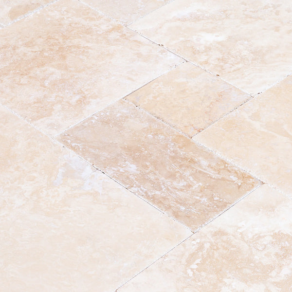 Tuscany Beige French Pattern Set Brushed and Chiseled Travertine Tiles, close-up of the surface