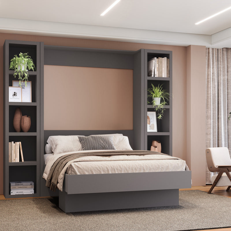 Easy-Lift Full Murphy Wall Bed in Dark Grey with Two Bookshelves