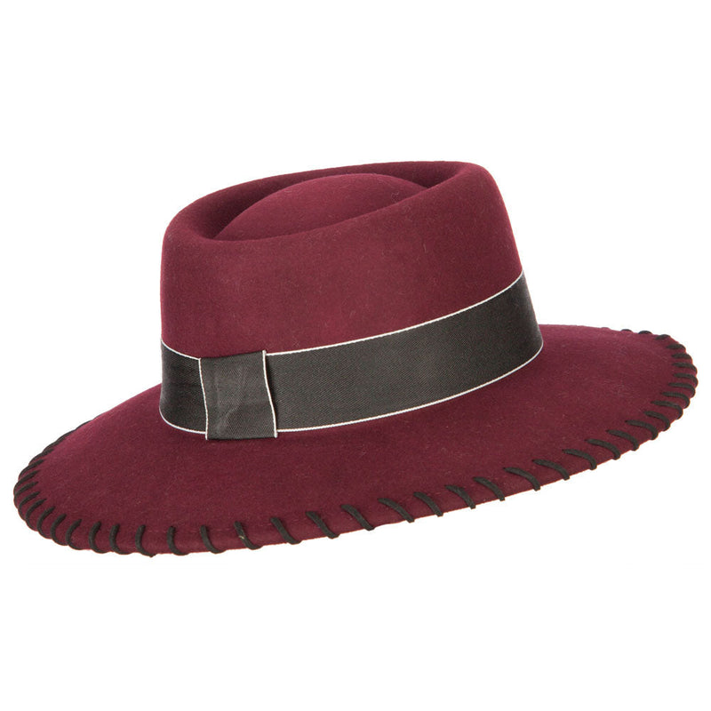 Women's Wool Felt Wide Ribbon Band and Stitching Detailed Brim Gambler Hat