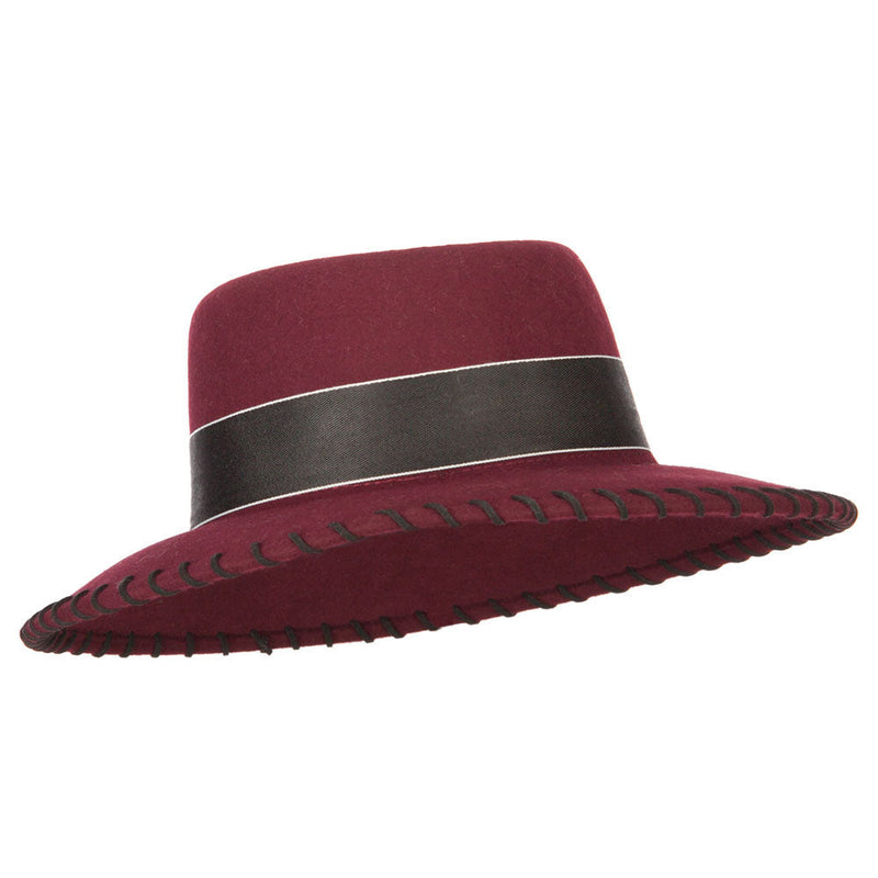 Women's Wool Felt Wide Ribbon Band and Stitching Detailed Brim Gambler Hat