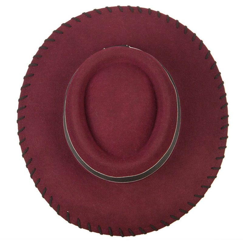 Women's Wool Felt Wide Ribbon Band and Stitching Detailed Brim Gambler Hat