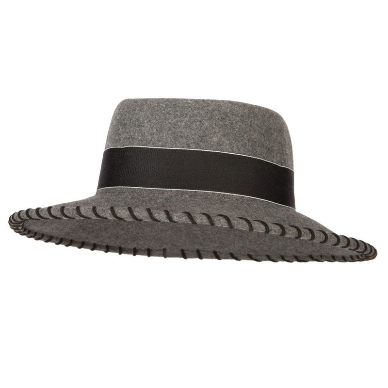 Women's Wool Felt Wide Ribbon Band and Stitching Detailed Brim Gambler Hat