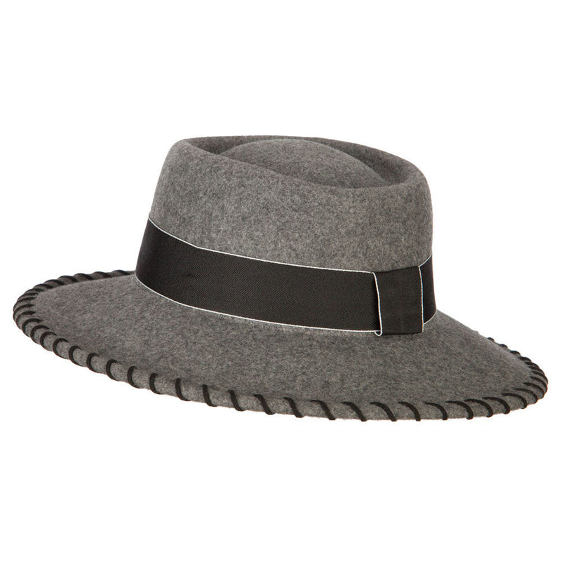Women's Wool Felt Wide Ribbon Band and Stitching Detailed Brim Gambler Hat