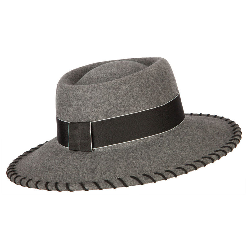 Women's Wool Felt Wide Ribbon Band and Stitching Detailed Brim Gambler Hat