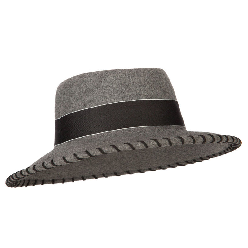 Women's Wool Felt Wide Ribbon Band and Stitching Detailed Brim Gambler Hat