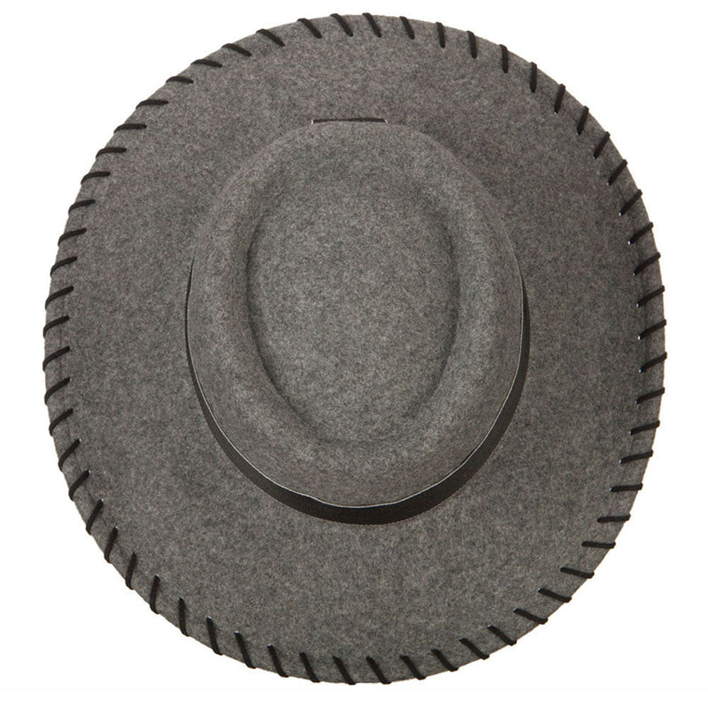 Women's Wool Felt Wide Ribbon Band and Stitching Detailed Brim Gambler Hat