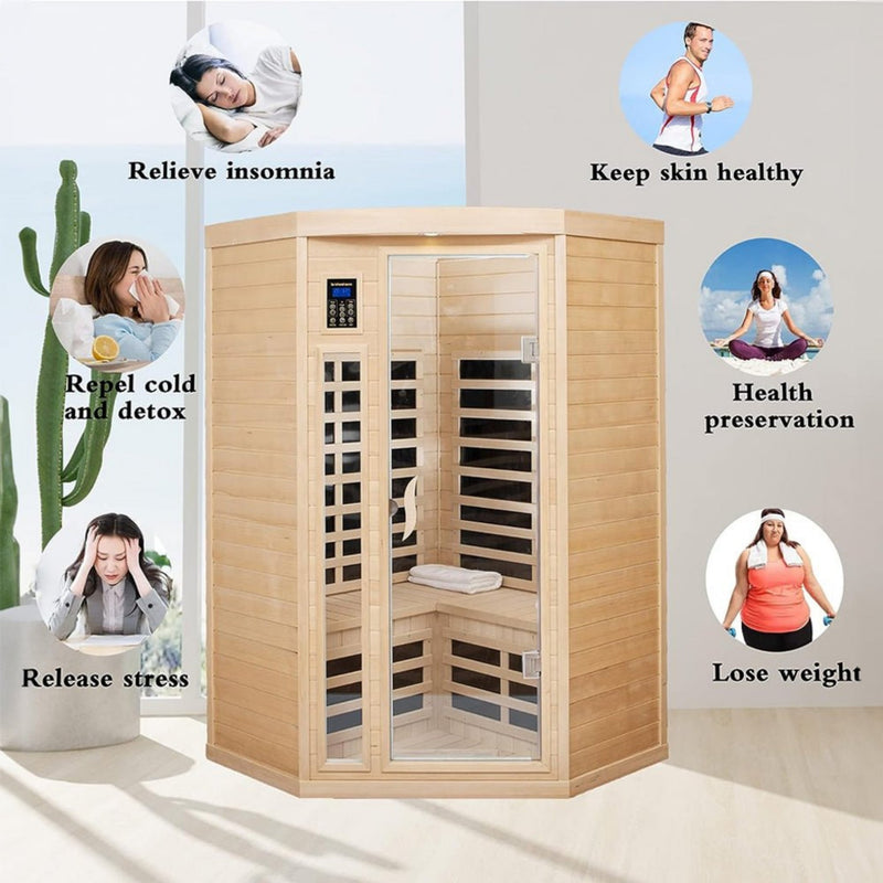 Premium 2-Person Corner Space Infrared Wooden Sauna Room With Bluetooth Speakers, 1600W (SAK81524)