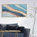Hand Painted Acrylic Abstract Wall Art Blues and Reds on a 59 x 30 Rectangular Canvas with a Gold Wooden Frame