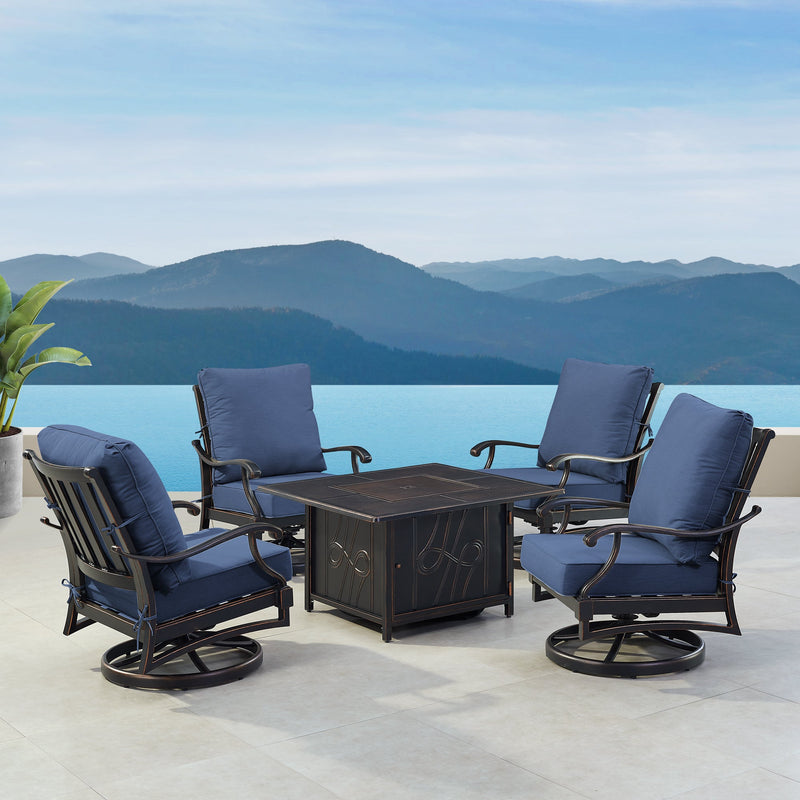 Black Aluminum Fire Table Set with Four Club Chairs