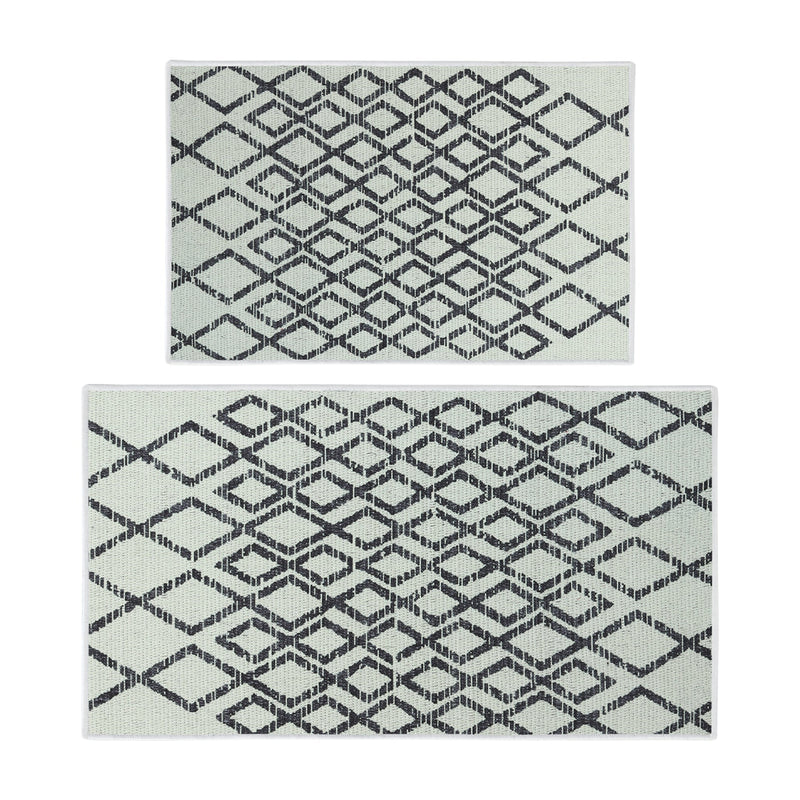 Geometric Diamond Design Non Skid Washable Kitchen Runner Rugs Set of 2| 44 x 24 and 31.5 x 20 Inches Floor Mats |Ivory