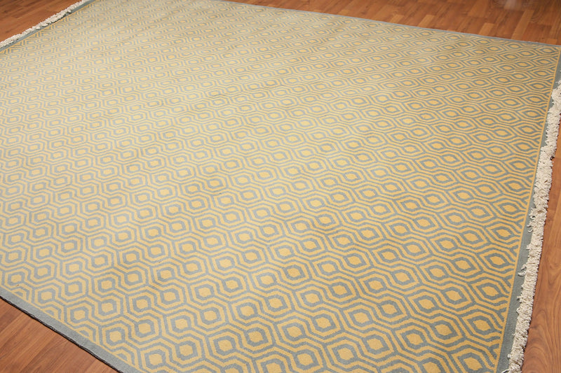 9' x 12' Hand knotted Honeycomb Wool Full Pile Area Rug Light blue Gold