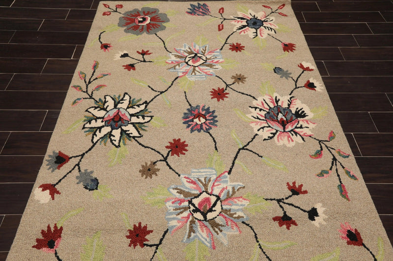 5' x 8' Handmade Wool Loop Pile Floral Traditional Oriental Area Rug Taupe