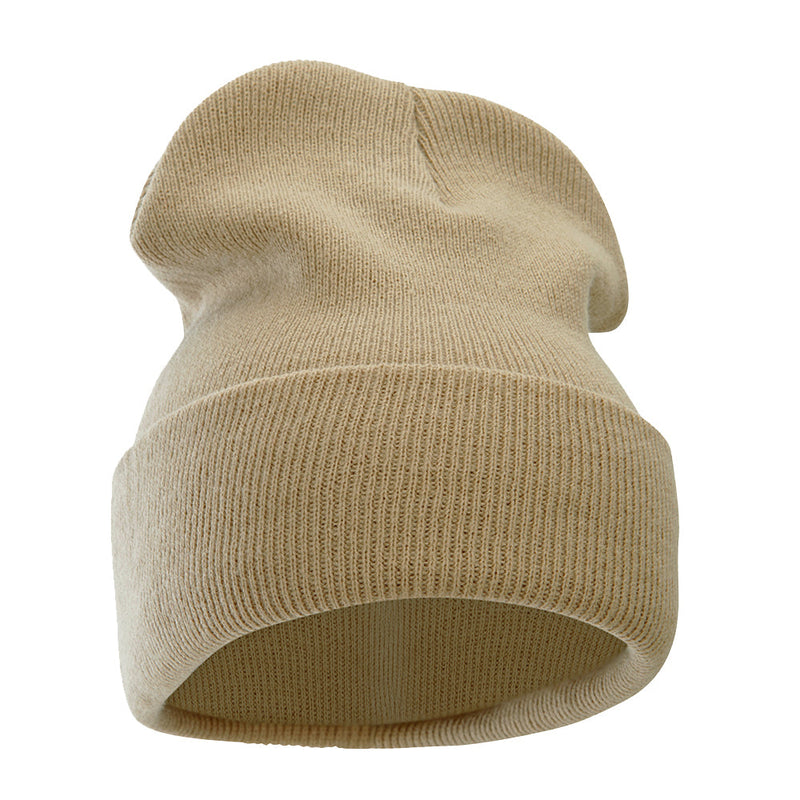 12 Inch Solid Knit Cuff Long Beanie Made in USA