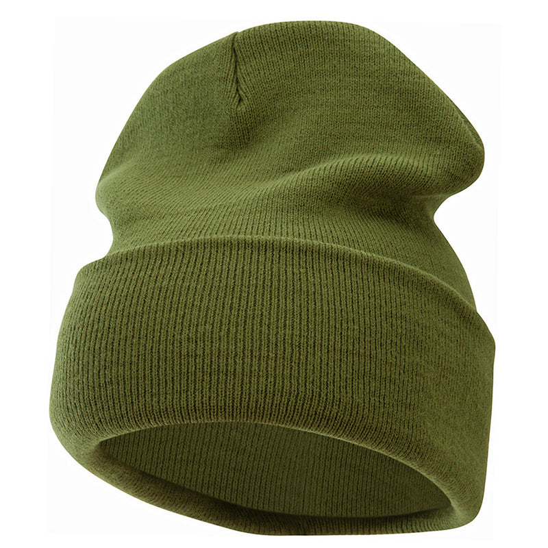 12 Inch Solid Knit Cuff Long Beanie Made in USA