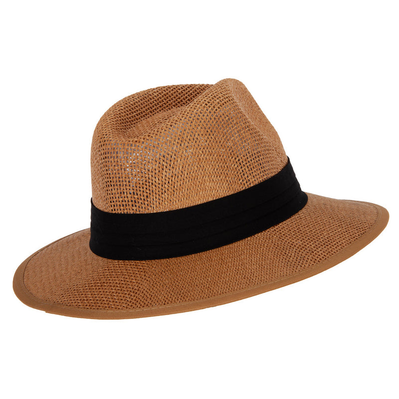 Unisex Paper Braid Open Weave Ribbon Accented Large Brim Fedora Hat