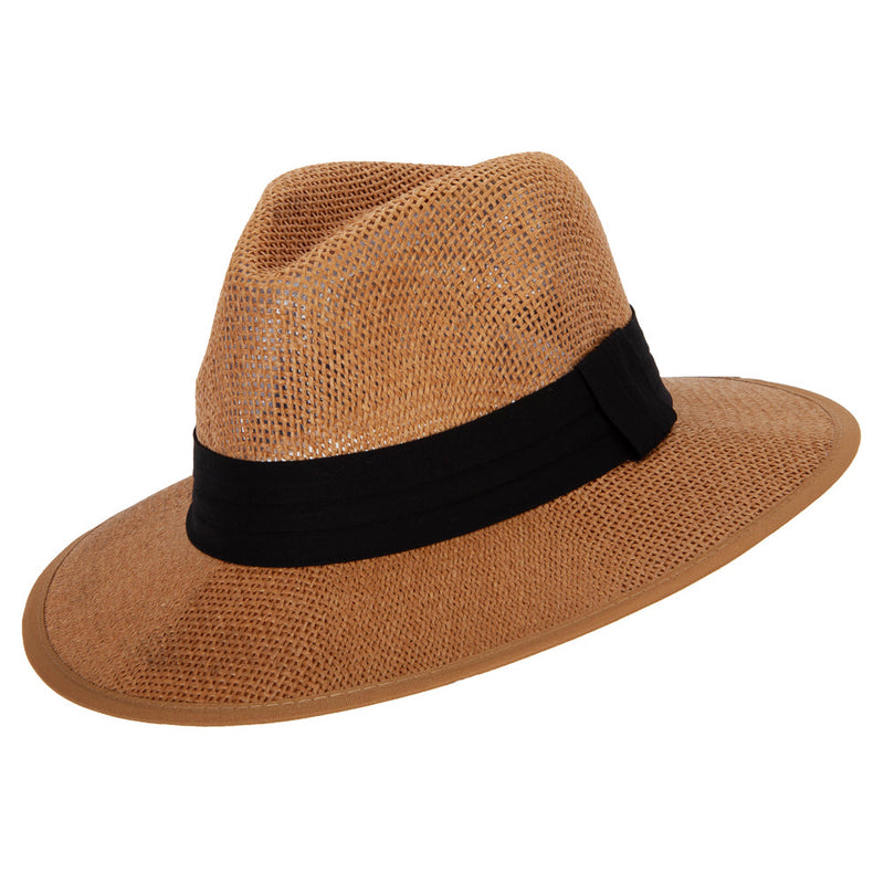 Unisex Paper Braid Open Weave Ribbon Accented Large Brim Fedora Hat