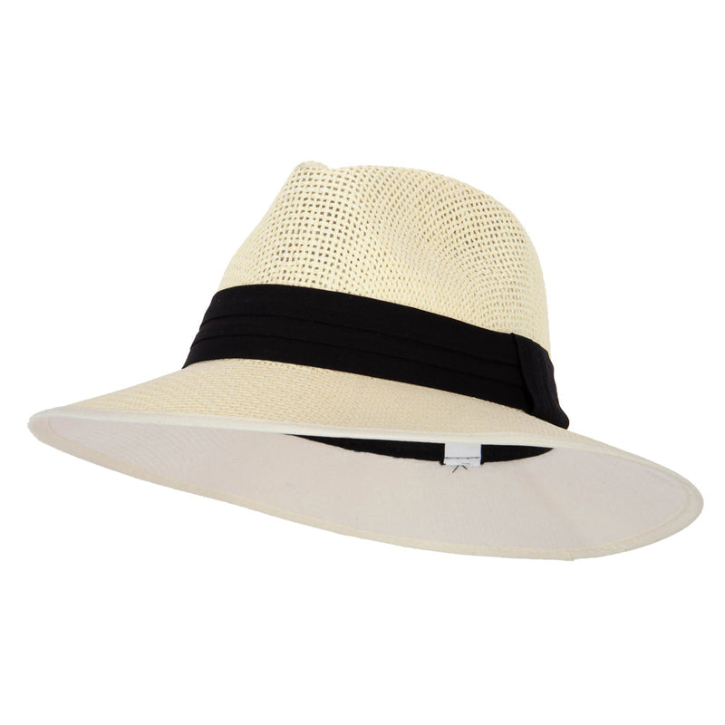 Unisex Paper Braid Open Weave Ribbon Accented Large Brim Fedora Hat