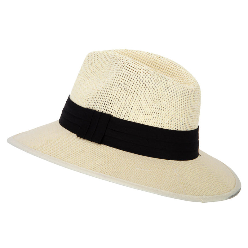 Unisex Paper Braid Open Weave Ribbon Accented Large Brim Fedora Hat