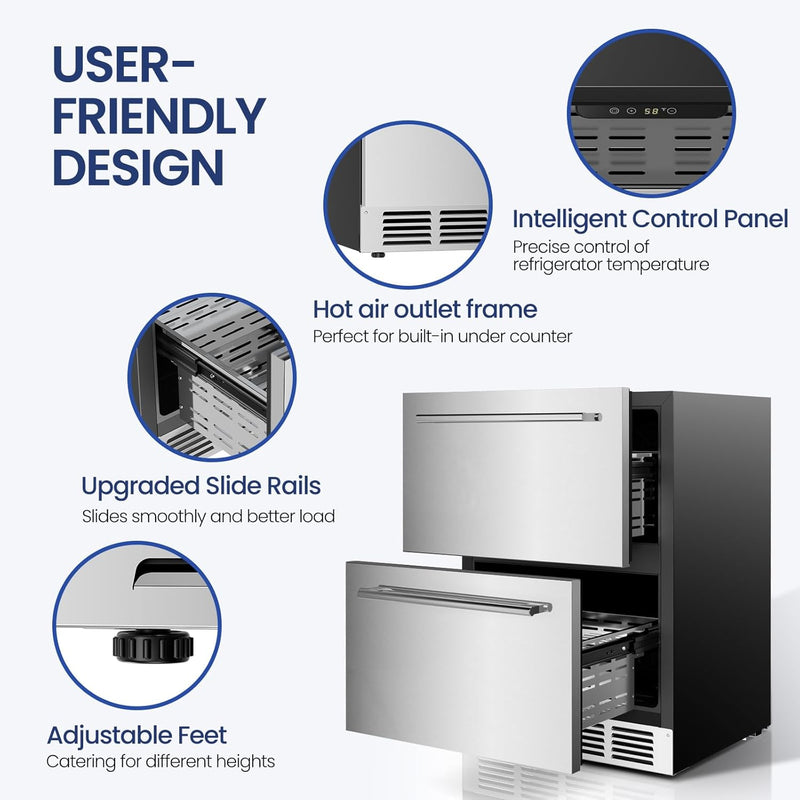 Under Counter Refrigerator, 24 Inch Double Drawer Beverage Fridge F58145