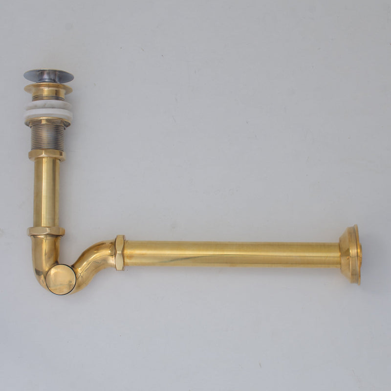 Solid Unlacquered Brass P-trap and Sink Stopper, Push Up Button, Pop Up Drain, Brass Water Trap