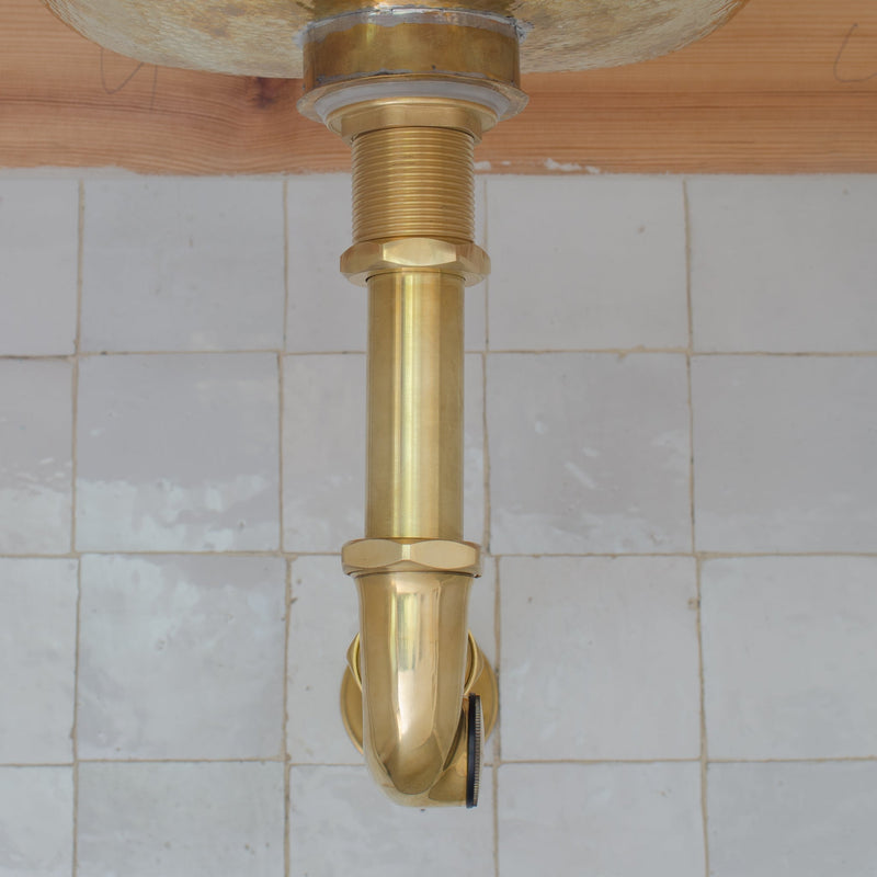 Solid Unlacquered Brass P-trap and Sink Stopper, Push Up Button, Pop Up Drain, Brass Water Trap