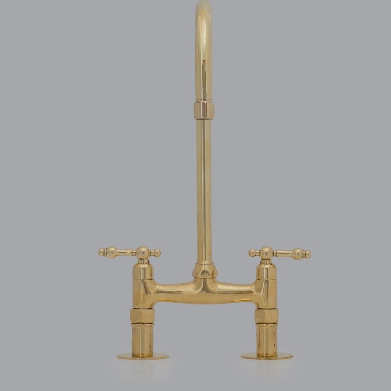 Unlacquered Brass Bridge Faucet, Brass Double Sink Faucet, Brass Kitchen Faucet With Short Legs And Lever Handles