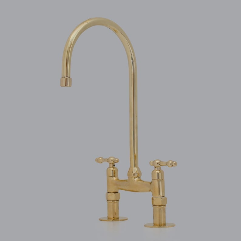 Unlacquered Brass Bridge Faucet, Brass Double Sink Faucet, Brass Kitchen Faucet With Short Legs And Lever Handles