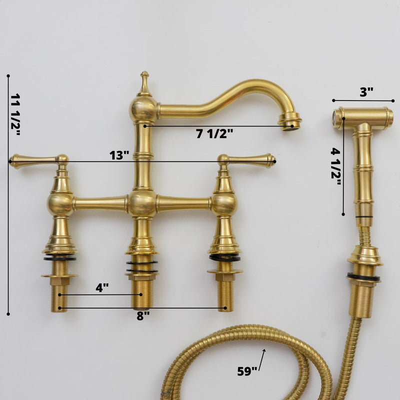 Unlacquered Brass Faucet, Kitchen Victorian Bridge Faucet with Sprayer, 3 Holes Faucet, Lever Handles