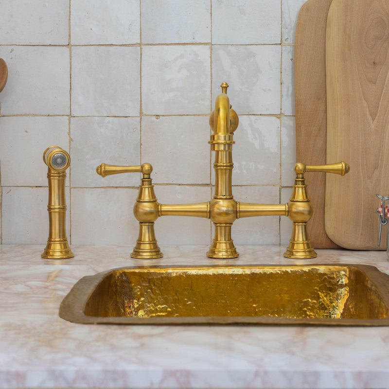 Unlacquered Brass Faucet, Kitchen Victorian Bridge Faucet with Sprayer, 3 Holes Faucet, Lever Handles