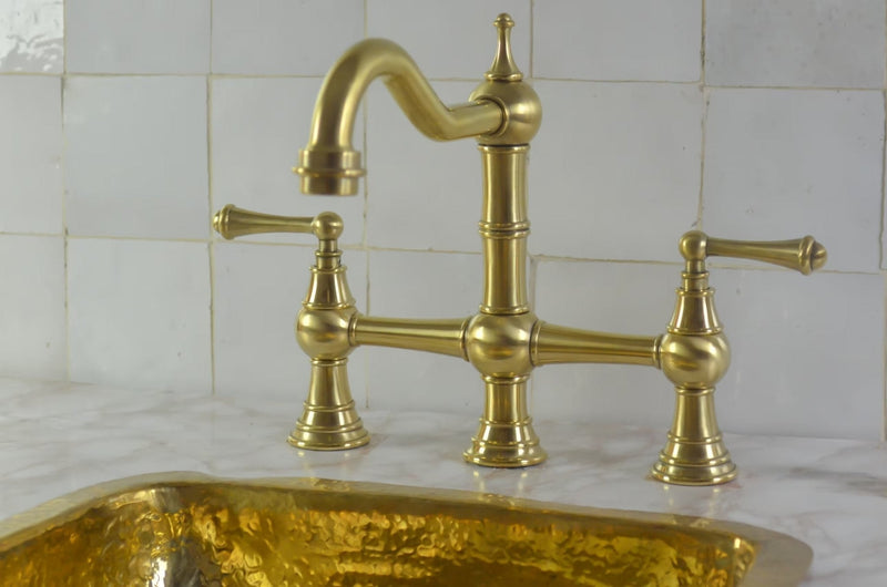 Unlacquered Brass Faucet, Kitchen Victorian Bridge Faucet with Sprayer, 3 Holes Faucet, Lever Handles