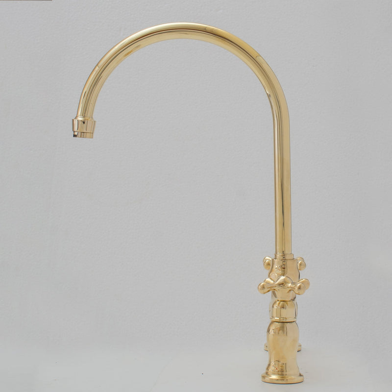 Unlacquered Brass Kitchen Faucet, Arched Bridge Faucet With Sprayer, Antique Brass Gold Faucet