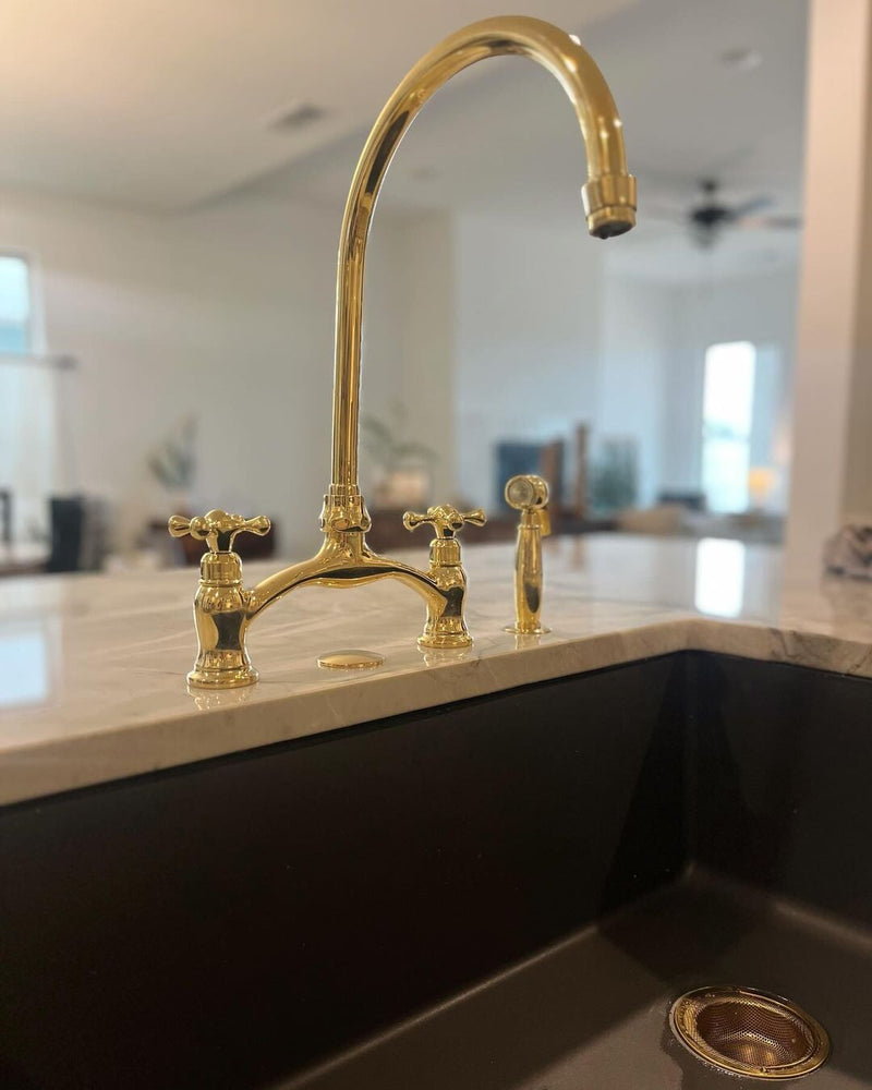 Unlacquered Brass Kitchen Faucet, Arched Bridge Faucet With Sprayer, Antique Brass Gold Faucet