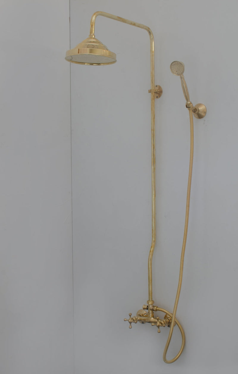 Unlacquered Brass Shower System - Exposed Pipe Rain Shower and Handheld