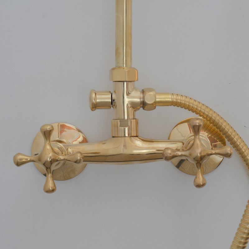 Unlacquered Brass Shower System - Exposed Pipe Rain Shower and Handheld