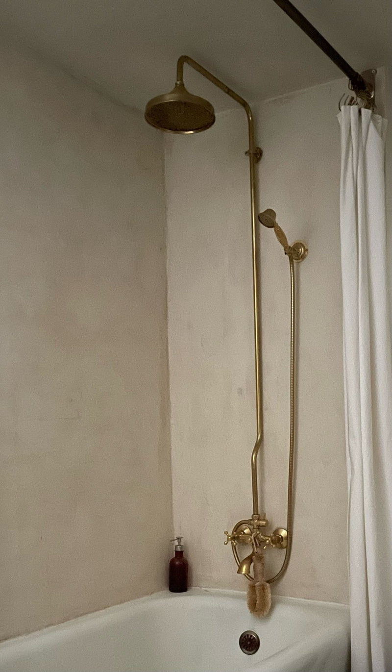 Unlacquered Brass Shower System - Tub Filler Exposed Pipe Rain Shower and Handheld