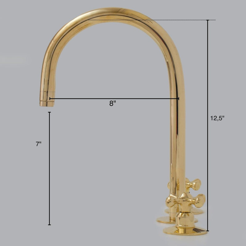 Unlacquered Brass Widespread Kitchen Faucet, Solid Brass 3-Holes Deck Mount Faucet, Simple Cross Handles