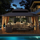 16 x 12 Feet Hardtop Gazebo Aluminum Frame Permanent Pavilion with Curtains and Netting-Coffee by LJGDeals