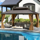 16 x 12 Feet Hardtop Gazebo Aluminum Frame Permanent Pavilion with Curtains and Netting-Coffee by LJGDeals