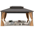 16 x 12 Feet Hardtop Gazebo Aluminum Frame Permanent Pavilion with Curtains and Netting-Coffee by LJGDeals