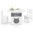 Kids Table and Chairs Set 3 Pieces Wooden Children Furniture with Cat House-White by LJGDeals