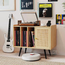 Record Player Stand with Charging Station and Rattan Cabinet for Living Room-Natural by LJGDeals