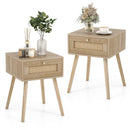Set of 2 Modern Rattan Nightstand with Drawer and Solid Wood Legs for Bedroom and Living Room-Oak by LJGDeals