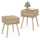 Set of 2 Modern Rattan Nightstand with Drawer and Solid Wood Legs for Bedroom and Living Room-Oak by LJGDeals