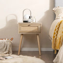 Set of 2 Modern Rattan Nightstand with Drawer and Solid Wood Legs for Bedroom and Living Room-Oak by LJGDeals