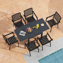 Patio Rectangular Aluminum Table and Stackable Armchairs Set with Slatted Tabletop and Seats by LJGDeals