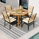 5 Pieces Outdoor Acacia Wood Dining Set Patio Round Table and Metal Chairs with Cushions by LJGDeals