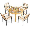 5 Pieces Outdoor Acacia Wood Dining Set Patio Round Table and Metal Chairs with Cushions by LJGDeals