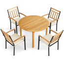 5 Pieces Outdoor Acacia Wood Dining Set Patio Round Table and Metal Chairs with Cushions by LJGDeals