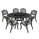 Aluminum 7pc Black Round Patio Dining Set, Lazy Susan, Six Chairs