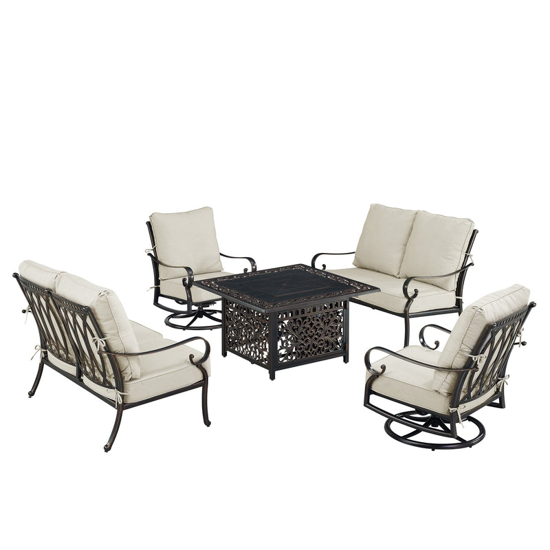 Black Aluminum Fire Table Set with Two Loveseats and Two Club Chairs